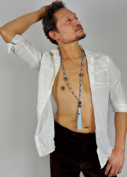 VISHUDDHA Mala meditation necklace with Jade, Hematite and Kashmiri beads