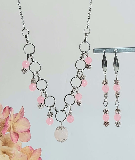 ONLY LOVE Boho set necklace and earrings with Rose Quartz