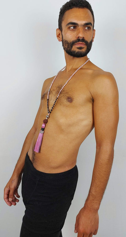 PEACEFUL POWER Mala Meditation Necklace with Pink Agate and Black Onyx