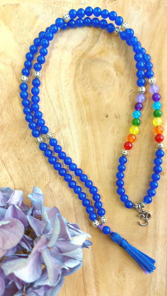 CHAKRA BALANCE Short Mala Meditation Necklace with Dark Blue Jade and Jade in Chakra Colors