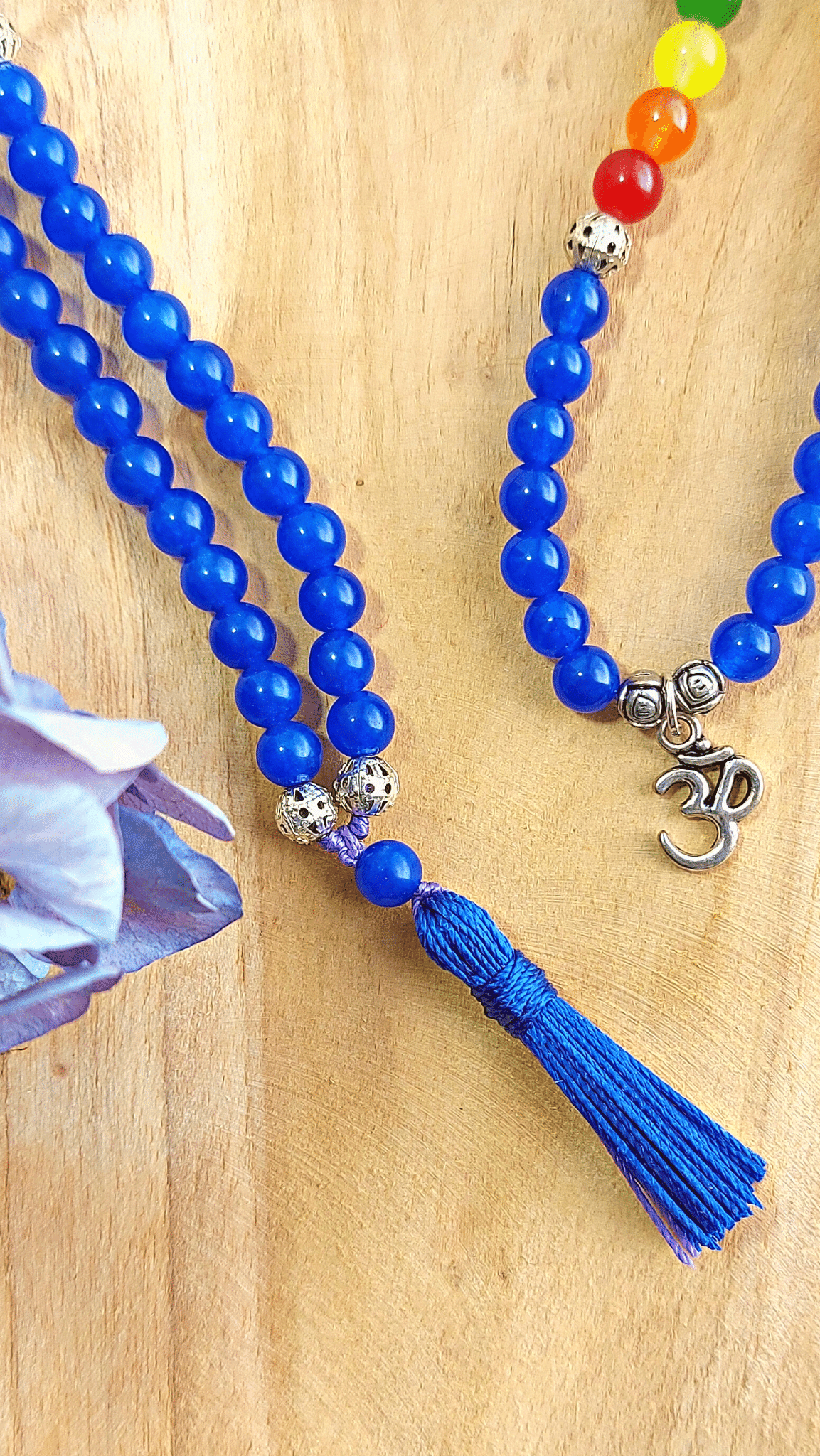 CHAKRA BALANCE Short Mala Meditation Necklace with Dark Blue Jade and Jade in Chakra Colors