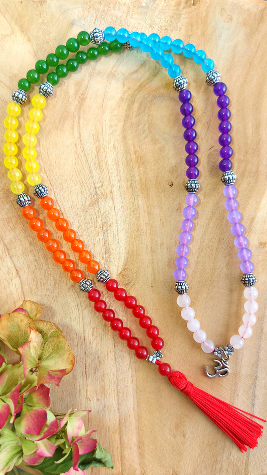 SEVEN CHAKRAS Short Mala Meditation Necklace with Jade in Chakra Colors